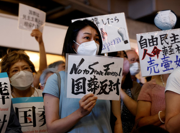 Protesters attend a rally against Japan's state funeral for former prime minister Shinzo Abe that will be held on Tuesday in Tokyo, Japan, September 25 2022. Picture: KIM KYUNG-HOON/REUTERS