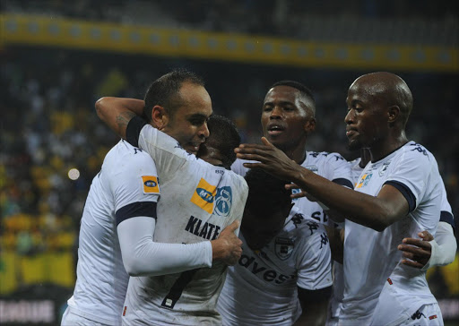 Eleazar Rodgers of Bidvest Wits celebrates a goal with teammates during the MTN8 Final match between Mamelodi Sundowns and Bidvest Wits on the 01 October 2016 at Mbombela Stadium Pic Sydney Mahlangu/ BackpagePix