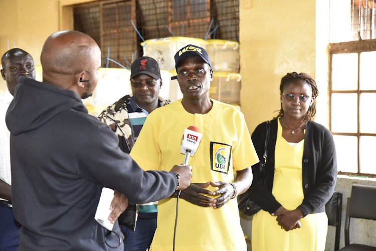 Baringo Central MP Joshua Kandie addressing media at Kabarnet High School tallying centre on Friday.