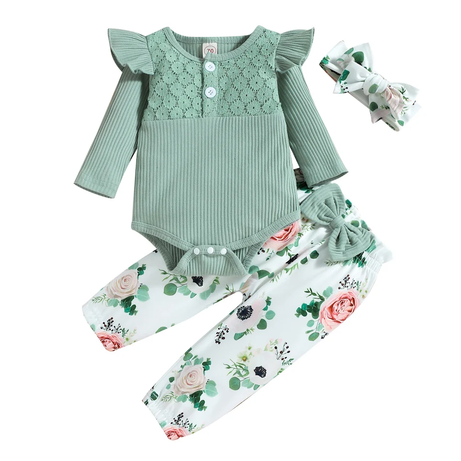 Baby meisjes setje, geribbelde gestreepte triangle romper, bloemenprint broek en lange mouwen, ideaal voor comfort en speelplezier.