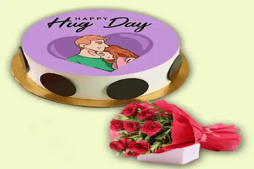 Hug Day Cake [500 Grams] With Red Roses Bouquet