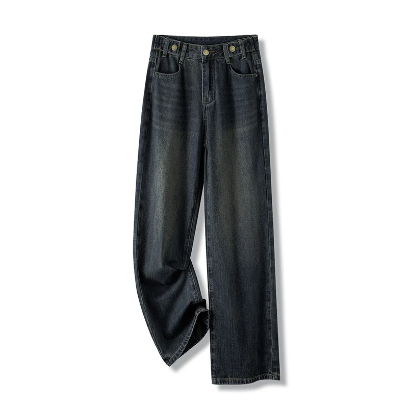 Calças jeans cinza cimento femininas, perna larga estreita, estilo moderno e confortável. Perfeitas para um look casual ou mais sofisticado.