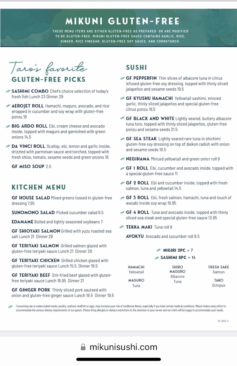 Mikuni gluten-free menu