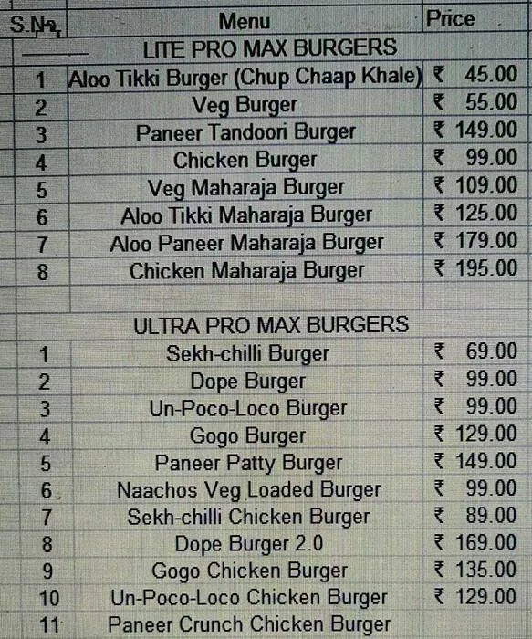 The Big Burger Theory menu 