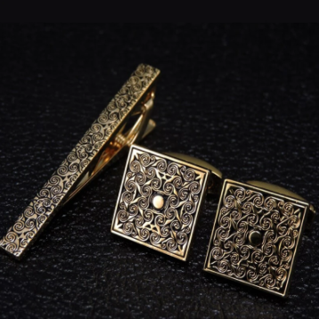 Title 5, Golden carved rose flower cufflinks tie clip se...