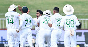 Mehidi Hasan Miraz of Bangladesh celebrates his wicket during the second session of the 1st Test against SA at Kingsmead Stadium in Durban.