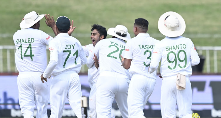 Mehidi Hasan Miraz of Bangladesh celebrates his wicket during the second session of the 1st Test against SA at Kingsmead Stadium in Durban.