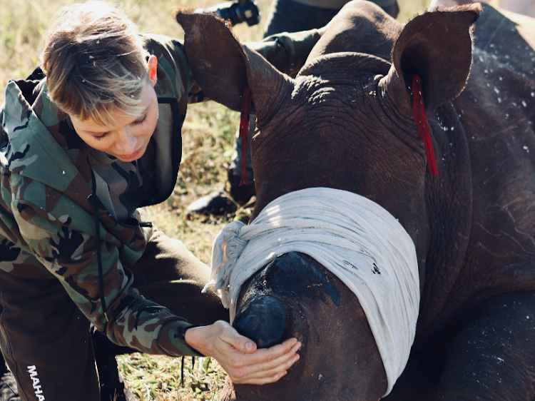 Princess Charlene of Monaco comforts a rhino that has been dehorned to protect it from poachers. File photo