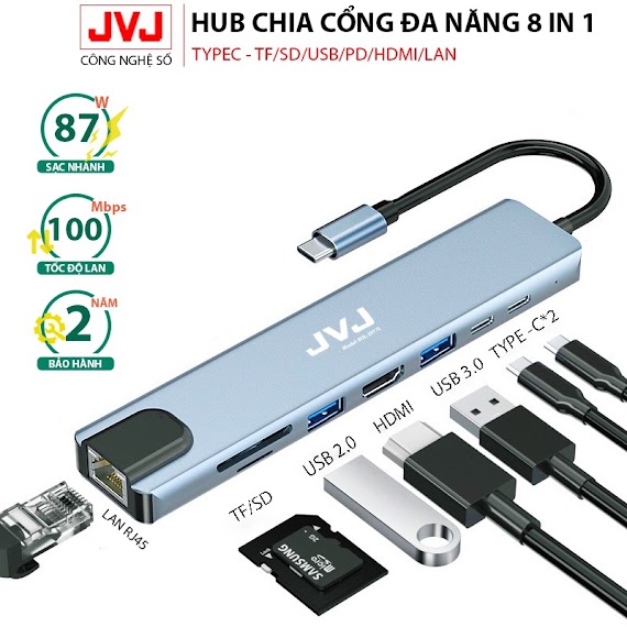 Hub Type C Chuyển Đổi Jvj C8/C6 Plus/C4 Với Cổng Kết Nối Type C Chia Cổng Usb, Hdmi, Cổng Lan, Vga - Bảo Hành 2 Năm