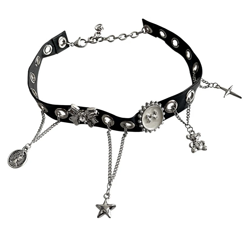 Collier Punk Bear XINGX à pampilles et nœud, style européen et américain, accessoire audacieux pour un look unique et rebelle.