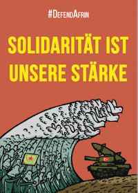 Plakat, Grafik: Eine Woge aus Friedenstauben und Friedenskämpfern schwappt über einen Raketenpanzer «Solidarität ist unsere Stärke».