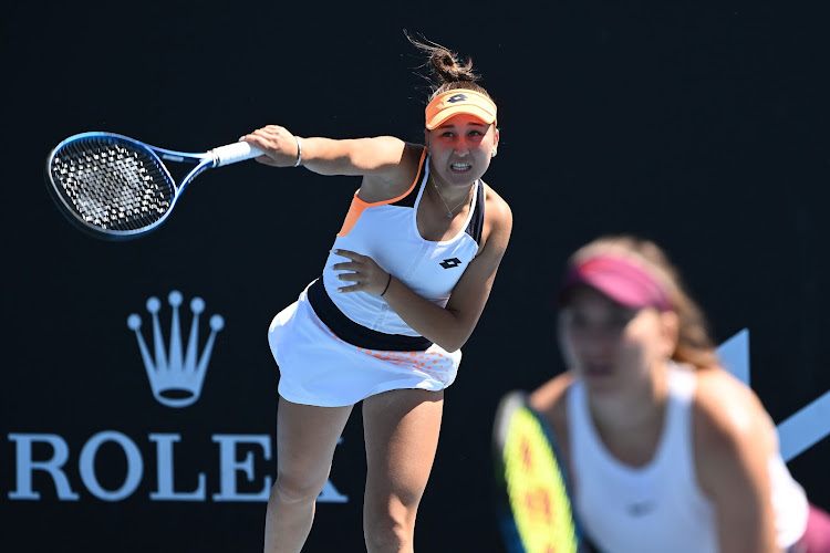 Natela Dzalamidze of George serves during the 2022 Australian Open at Melbourne Park on January 19, 2022 in Melbourne