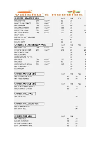 Vaishus Noodles menu 