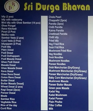 Sri Durga Bhavan menu 