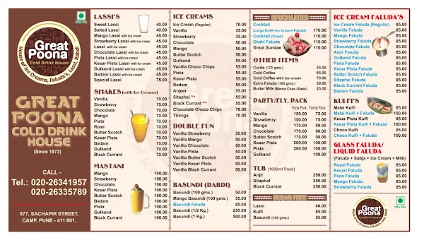 Great Poona Cold Drink House menu 