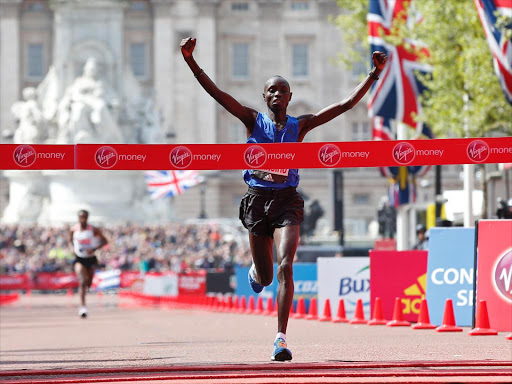 Daniel Wanjiru celebrates before winning the men’s elite race of London Marathon 23/4/17 /reuters