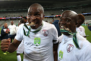 Free State Stars captain Paulus Masehe and Sthembiso Dlamini of Free State Stars celebrate during the Nedbank Cup, Final match between Maritzburg United and Free State Stars at Cape Town Stadium on May 19, 2018 in Cape Town, South Africa. 