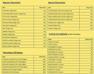 Ooty Chocolates menu 