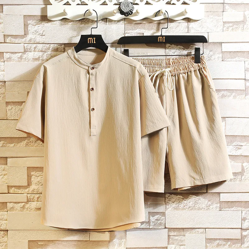 Traje de dos piezas estilo chino de verano, nuevo con cuello alzado retro, manga corta. Ideal para un look fresco y elegante en climas cálidos.