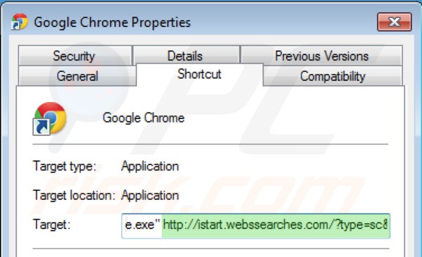 Remova o vírus istart.webssearches.com do Google Chrome do atalho passo 2