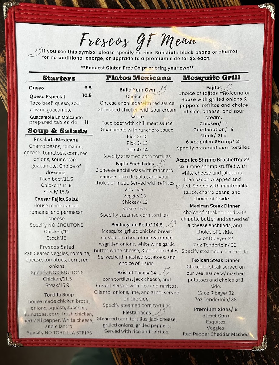 Fresco's Mexicana gluten-free menu