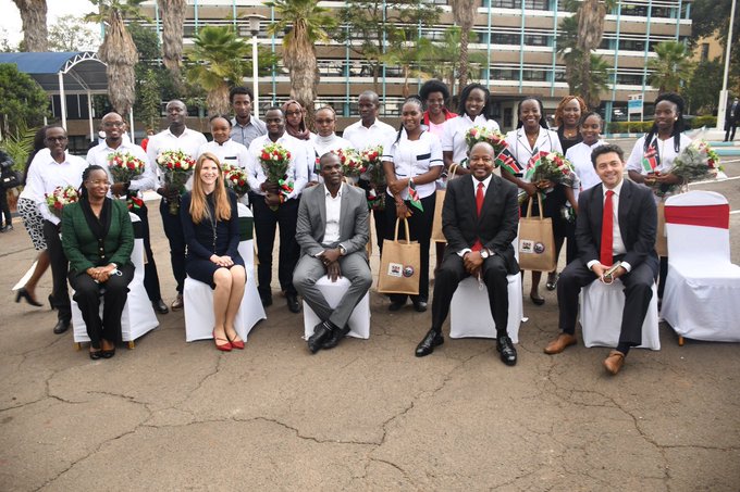 UK High Commissioner Jane Marriot, Health CS Mutahi Kagwe with other officials and nurses during the flagging off of the first batch of nurses leaving for UK on June 27,2022.