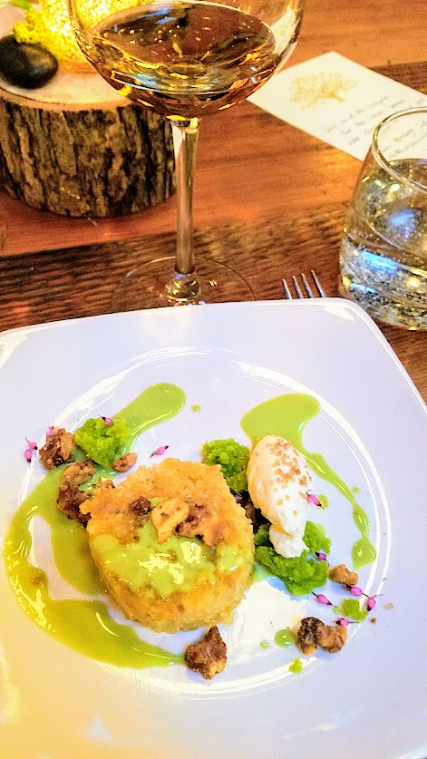 Fimbul Icelandic Dinner Spring 2018, Parsnip and lovage cake, lovage crème anglaise with whipped sheep cheese, walnuts