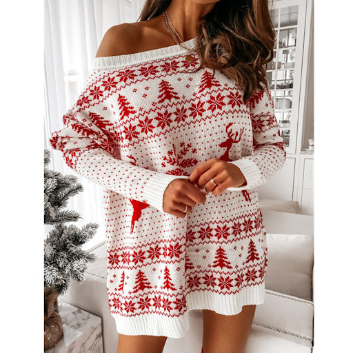 Title 2, Ladies Christmas Jacquard Loose Knit Long Sleev...