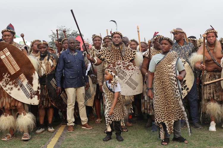 King Misuzulu kaZwelithini sings with his sons and amabutho during Umkhosi weLembe at KwaDukuza, KwaZulu-Natal.