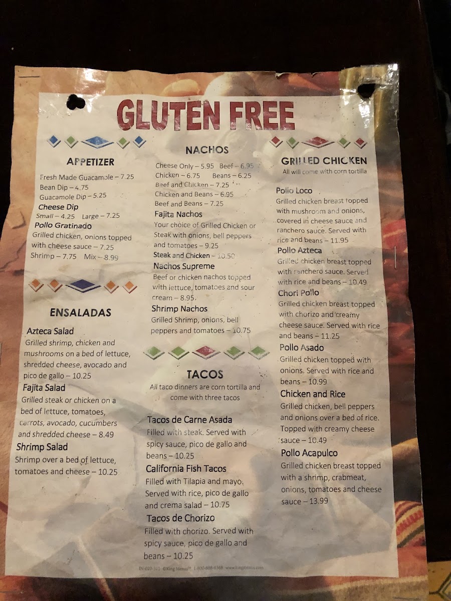 Gluten free menu