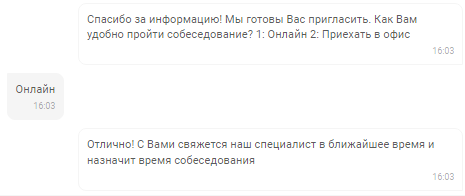 Чат-бот задаёт вопросы по требованиям и уточняет удобный формат собеседования