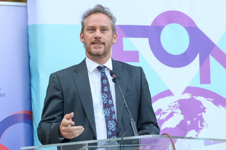 Ambassador to Kenya, Arnaud Suquet speaking during the launch of the Feminist Opportunities Now project at the French and Somali Embassy in Nairobi on Tuesday, February 7, 2023.