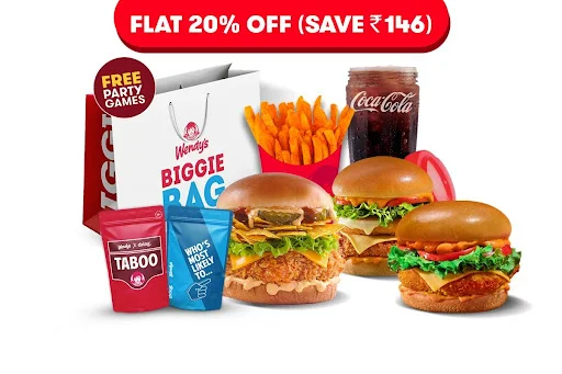 Flat 20% Off On 3 Premium Veg Burgers + Fries + Beverage