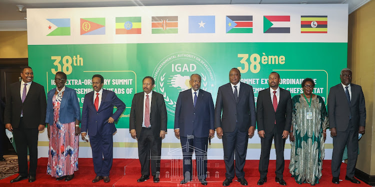 Heads of state and governments pose for a photo during the IGAD's 38th Extra-ordinary Summit in Djibouti