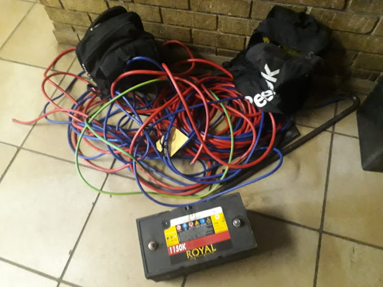 Cables and a cellphone tower battery seized by police in KwaMsane, KwaZulu-Natal