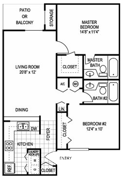 Emerald 2 Bed , 2 Bath Floorplan Diagram