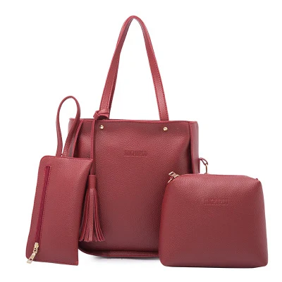 Bolsa de ombro feminina europeia, com borla, conjunto de três peças, mensageiro e laptop, perfeita para atacado.