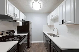 Galley style kitchen with wood inspired flooring