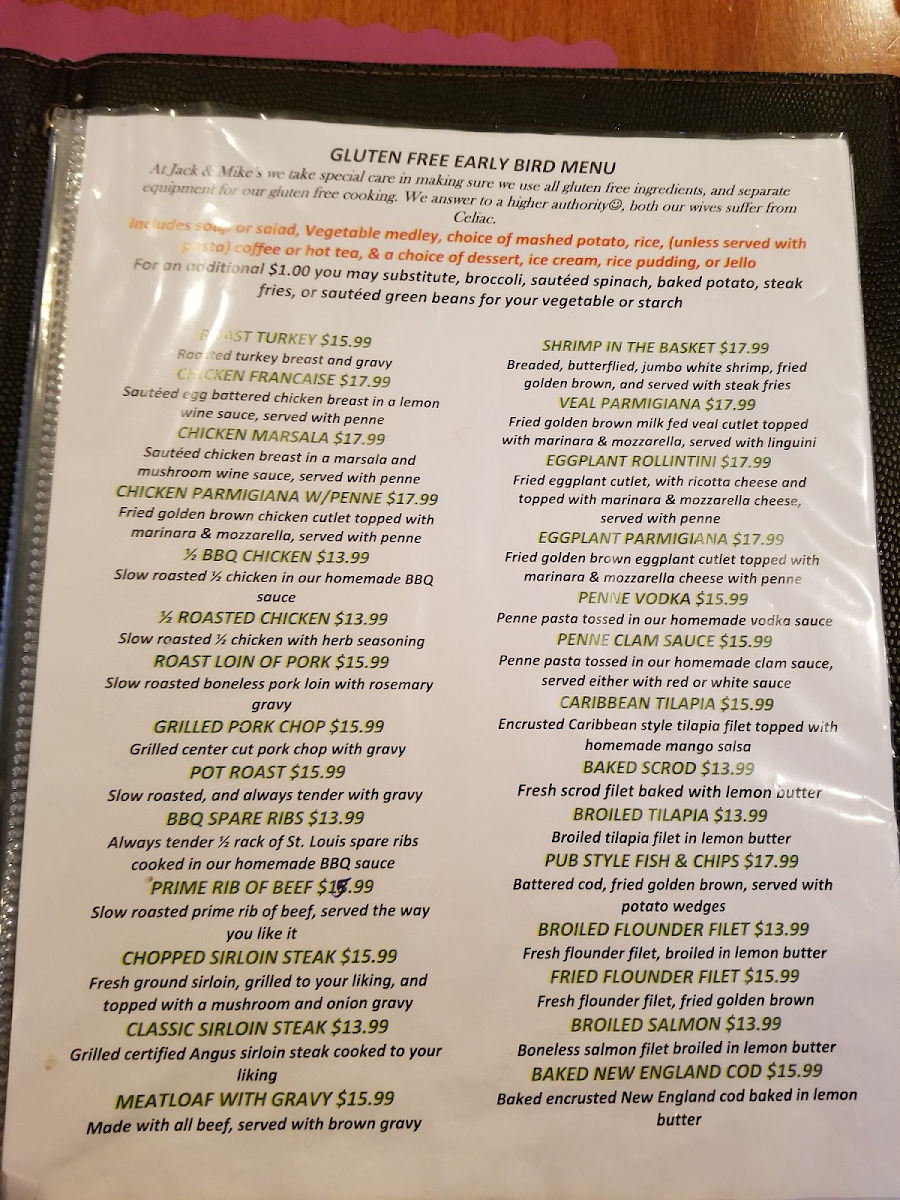 Jack and Mike's Restaurant Bar and Grille gluten-free menu