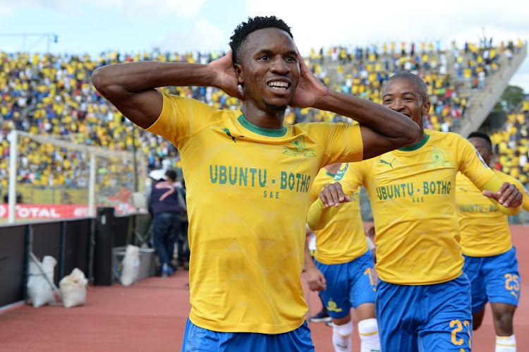 Themba Zwane of Mamelodi Sundowns celebrates scoring a goal during the CAF Champions League match between Mamelodi Sundowns and Al Ahly at Lucas Moripe Stadium on April 06, 2019 in Pretoria, South Africa.