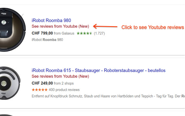 Youtube reviews in Google Shopping chrome extension