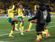 Thembi Kgatlana of South Africa celebrates with teammates after scoring her team's third goal during the Fifa Women's World Cup group G match against Italy at Wellington Regional Stadium on August 2 2023 in Wellington, New Zealand. 