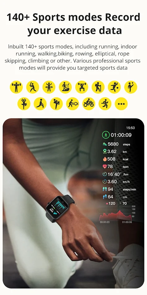 Montre connectée sportive avec cardiofréquencemètre, étanche IP67, écran complet pour suivi d'activité et surveillance de la santé.