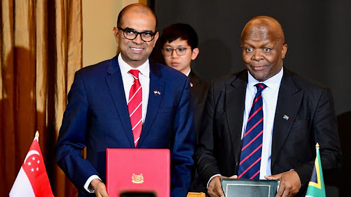 Communications minister Mondli Gungubele and Dr Janil Puthucheary, Singapore minister of communications and information, are signatories of the MOU in ICT.