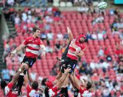 Franco Mostert and Warren Whiteley of the Lions during the 2018 Super Rugby match against the Sharks at Ellis Park Stadium, Johannesburg on 17 February 2018.