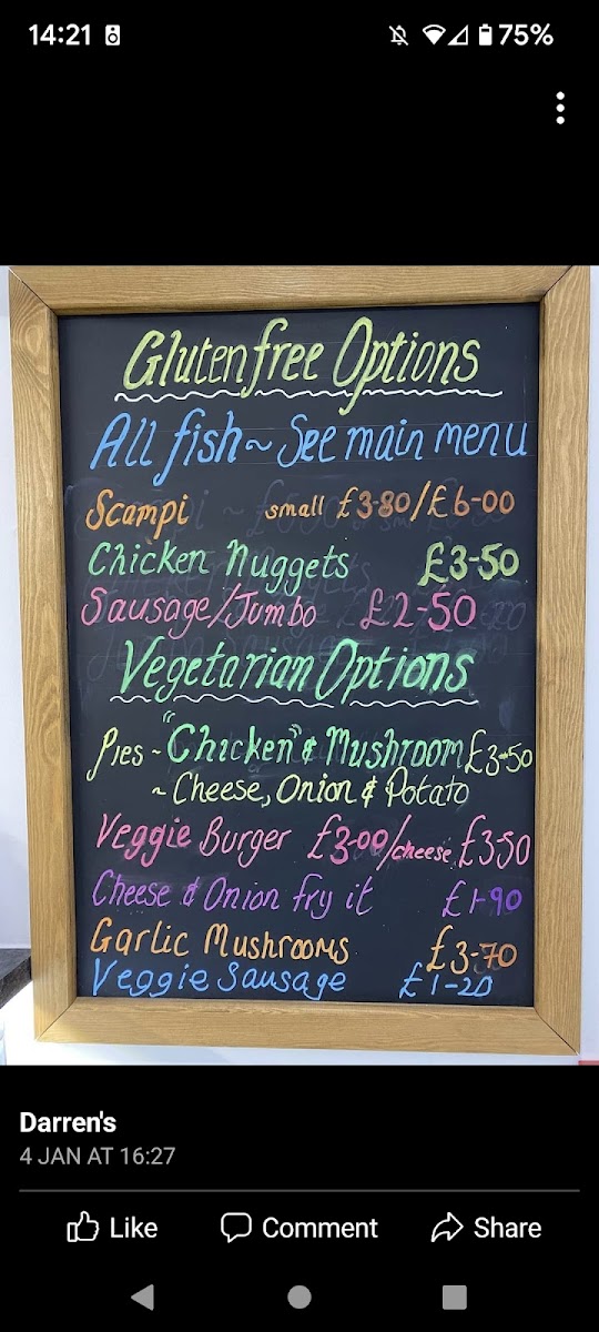 Darren's Fish and Chips gluten-free menu