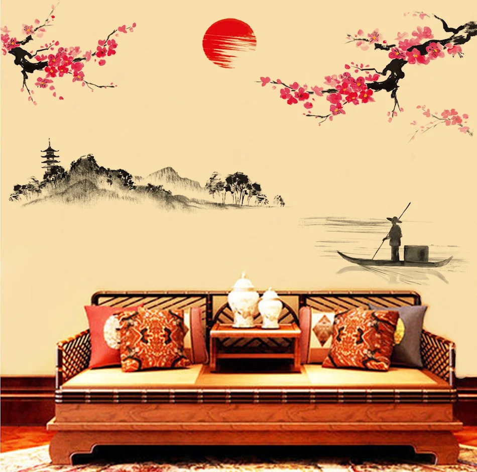 Adesivos de parede JM7303 DIY criativos, estilo chinês, pintura de paisagem, proteção ambiental, papel de parede, atacado