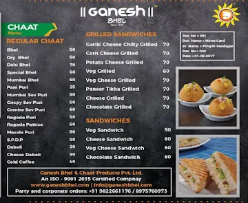 Ganesh Bhel menu 
