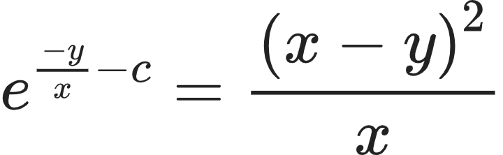 {"id":"20-1-0","font":{"size":10,"family":"Arial","color":"#222222"},"code":"\\begin{align*}\n{e^{\\frac{-y}{x}-c}}&={\\frac{\\left(x-y\\right)^{2}}{x}}\t\n\\end{align*}","type":"align*","ts":1603968065652,"cs":"Chw0/g4Po8xs4zwKpET1+Q==","size":{"width":120,"height":36}}