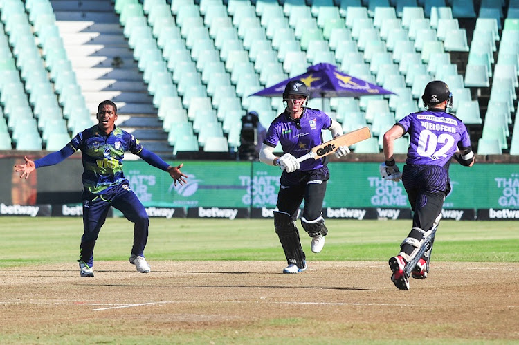 Ferisco Adams of the VKB Knights appeals during the CSA T20 Challenge match between VKB Knights and Hollywoodbets Dolphins at Hollywoodbets Kingsmead Cricket Stadium on February 20, 2021 in Durban, South Africa.